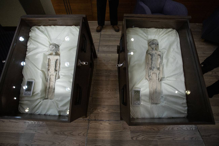 "Извънземни мумии", показани в сградата на Мексиканския конгрес. Снимка © Getty Images / Daniel Cardenas / Anadolu Agency
